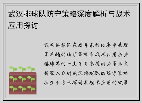 武汉排球队防守策略深度解析与战术应用探讨