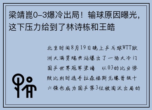 梁靖崑0-3爆冷出局！输球原因曝光，这下压力给到了林诗栋和王皓